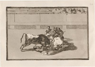 Queda de um picador de seu cavalo abaixo do touro (Um Picador é Desmontado e Cai sob o Touro) de Francisco de Goya
