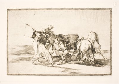Os mouros, que se estabeleceram na Espanha e abandonaram a superstição do Alcorão, adquiriram essa arte de caçar e empalar um touro na planície de Francisco de Goya