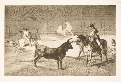 O célebre picador, Fernando del Toro, provoca o touro olme com sua lança de Francisco de Goya