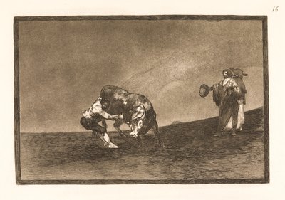 O mesmo homem puxa um touro na arena em Madrid de Francisco de Goya