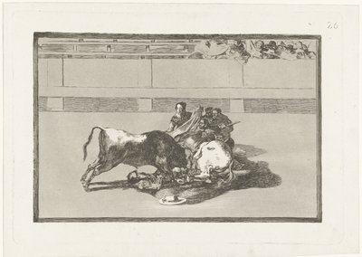 Um picador foi derrubado de seu cavalo e está sob o touro Caida de un picador de su caballo debajo del toro La Tauromaquia (título da série) Tourada (título da série) de Francisco de Goya