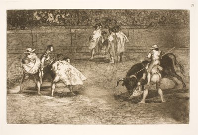 Um toureiro, sentado nos ombros de um assistente, barra um touro de Francisco de Goya