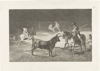 Fernando del Toro daagt een stier uit O famoso Fernando del Toro, barilaguero, forçando a fera com sua vara Tourada (título da série) Stierenvechten (título da série) de Francisco de Goya