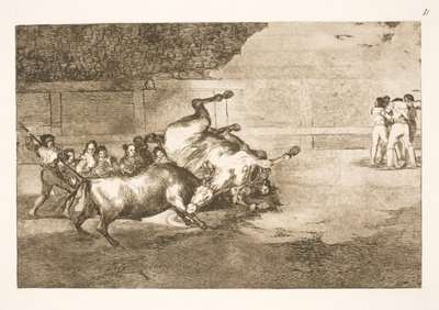 Cavalo jogado no chão por um touro de Francisco de Goya
