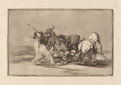 Os mouros se estabeleceram na Espanha, dispensando as superstições de seu Alcorão, adotaram essa caça e arte e lançam um touro no campo (Os mouros se estabeleceram na Espanha, abandonando as superstições do Alcorão, adotaram esta arte de caçar e lançam par de Francisco de Goya