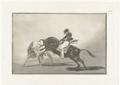 Mariano Ceballos rijdend op een stier O mesmo Ceballos montado em outro touro quebra rejones na praça de Madri Tourada (título da série) Stierenvechten (título da série) de Francisco de Goya