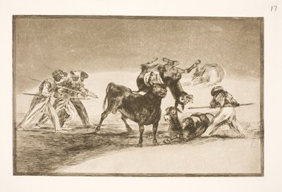 Os mouros usam burros como barreira para se defender do touro, cujos chifres foram munidos de balas de Francisco de Goya