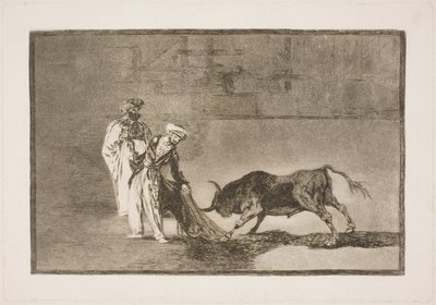 Os mouros na arena fazem um grande esforço para atrair o touro com a ajuda de seus burnus de Francisco de Goya