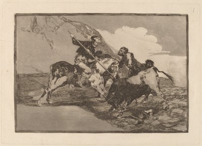 Maneira em que os antigos espanhóis caçavam touros a cavalo no campo (A maneira em que os antigos espanhóis caçavam touros a cavalo no campo aberto) de Francisco de Goya