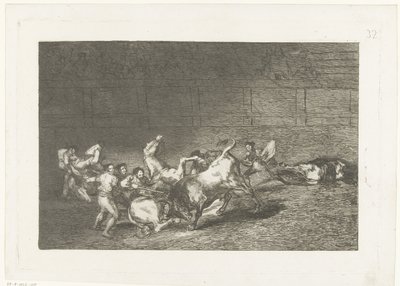 Picador steekt een lans in een stier
Dois grupos de picadores atropelados por um único touro ao mesmo tempo
Tourada (título da série)
Stierenvechten (título da série) de Francisco de Goya