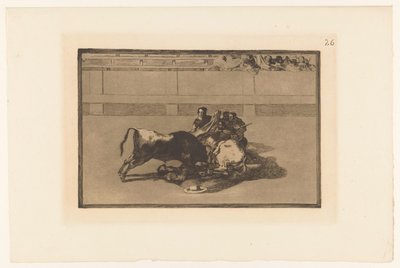 Picador caiu do cavalo Caida de un picador de su caballo debajo del toro Touradas (título da série) La Taureaumachie (título da série) La Tauromaquia (título da série) de Francisco de Goya