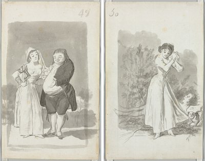 Prostituta Solicitando um Homem Gordo e Feio (reto); Jovem torcendo as mãos sobre o corpo nu de um homem (verso) de Francisco de Goya