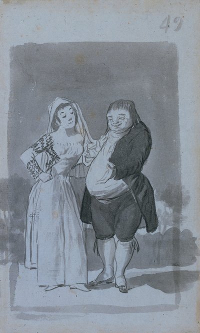 Prostituta solicitando um homem gordo e feio reto, 1796-97. de Francisco de Goya