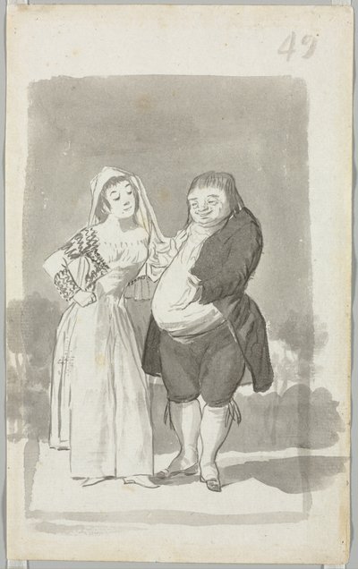 Prostituta solicitando um homem gordo e feio, jovem, torcendo as mãos ... verso, 1796-97. de Francisco de Goya