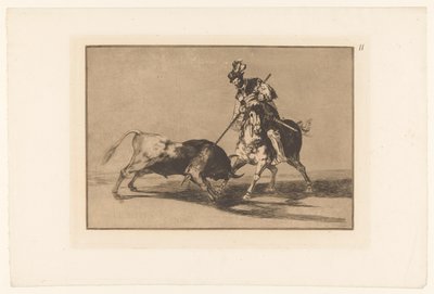 Rodrigo Diaz de Vivar verwondt een stier El Cid Campeador lançando outro touro Stierengevechten (título da série) La Taureamachie (título da série) Tourada (título da série) de Francisco de Goya
