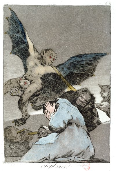 Soplones (rajadas de vento), placa 48 de &39;Los Caprichos&39;, final do século XVIII de Francisco de Goya