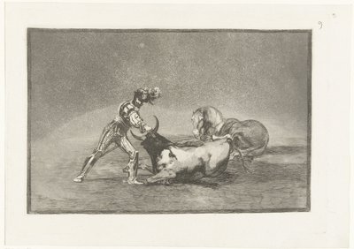 Spanse rider doody no stier Um cavaleiro espanhol mata um touro depois de perder seu cavalo Stierenvechten (título da série) Tourada (título da série) de Francisco de Goya