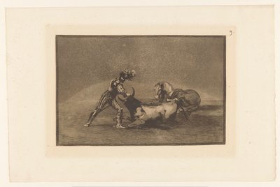 Spanse rider doodt een stier Um cavaleiro espanhol mata um touro depois de perder seu cavalo Stierengevechten (título da série) La Taureamachie (título da série) Tourada (título da série) de Francisco de Goya