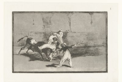 Touro é agarrado por toureiros Cogida de un Moro permanecer em la plaza Tourada (título da série) La Tauromaquia (título da série) de Francisco de Goya