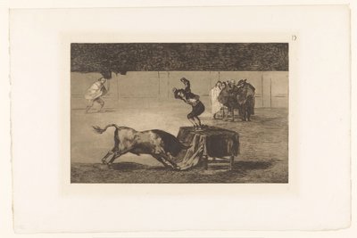 Toureiro em pé sobre uma mesa na arena Otra locura suya e la misma plaza Touradas (título da série) La Taureaumachie (título da série) La Tauromaquia (título da série) de Francisco de Goya
