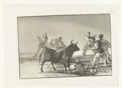 Stierenvechten rondon em stier Brincando com o canalha com lanças. meias-luas, banderillas e outras armas Stierenvechten (título da série) Tourada (título da série) de Francisco de Goya