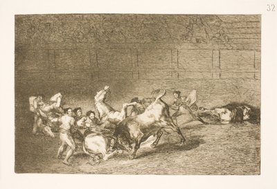 Duas equipes de picadores são derrubados um por um por um único touro de Francisco de Goya