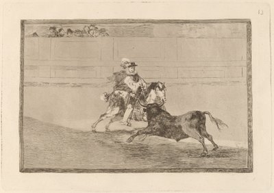 Un caballero espanol en plaza quebrando rejoncillos sin auxilio de los chulos (Um cavaleiro espanhol montado no ringue quebrando lanças curtas sem a ajuda de assistentes) de Francisco de Goya