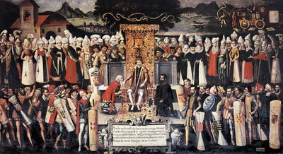 Cerimónia de beijo de mãos (beijo de mãos) após a declaração de privilégios pelo Rei Fernando o Católico (1452-1516). Pintura por Francisco de mendieta Y Retes (século XVI). Espanha, Guernica. Casa de Juntas. de Francisco de Mendieta y Retes