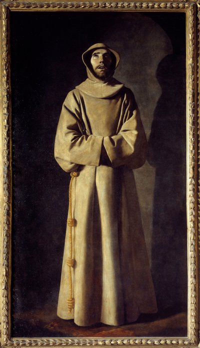 Retrato de São François de Assis: O Santo é representado em êxtase, Ele usa uma batina com, como um cinto, uma corda com nós. Pintura de Francisco de Zurbaran (1598-1664) de Francisco de Zurbaran