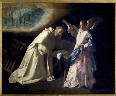 A visão de São Pedro Nolasque (1189-1256) Depois de ter tido uma visão da Virgem em 1218, o sacerdote fundou a Ordem de Nossa Senhora das Mercês. Ele é um representante com um anjo mostrando-lhe Jerusalém Celestial. Pintura de Francisco de Zurbaran (1598 de Francisco de Zurbaran
