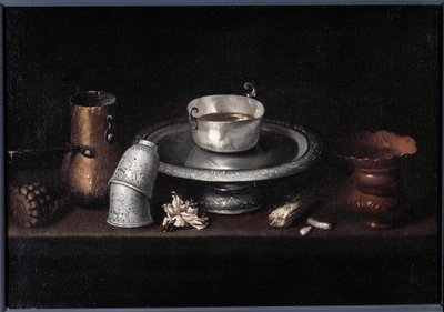 O pequeno-almoço de chocolate da taça de chocolate, chávenas. Pintura de Francisco de Zurbaran (1598-1664). Besancon do século XVII, Museu de Belas Artes de Francisco de Zurbaran