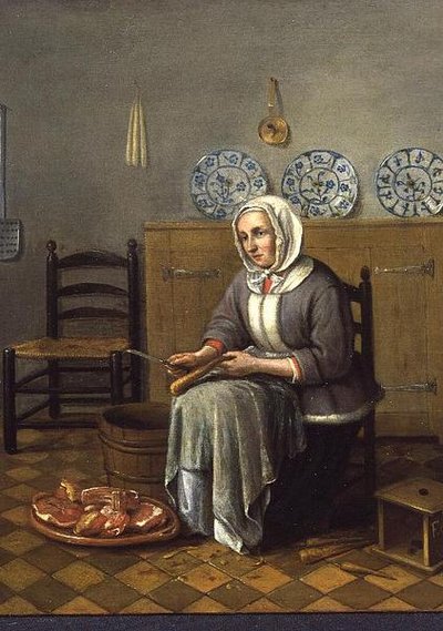 Uma mulher sentada preparando comida na cozinha de Franciscus Carree