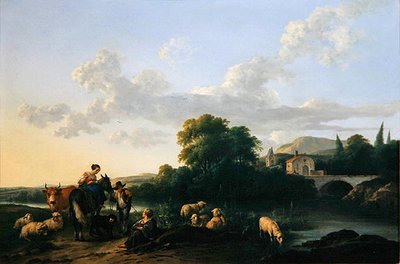 Camponeses e Gado em uma paisagem italiana (óleo sobre painel) de Franciscus Xaverius Xaverij