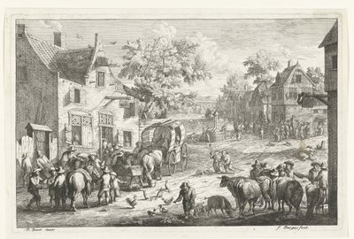 Vista da vila com viajantes e comerciantes de gado na pousada de Franciscus de Bargas