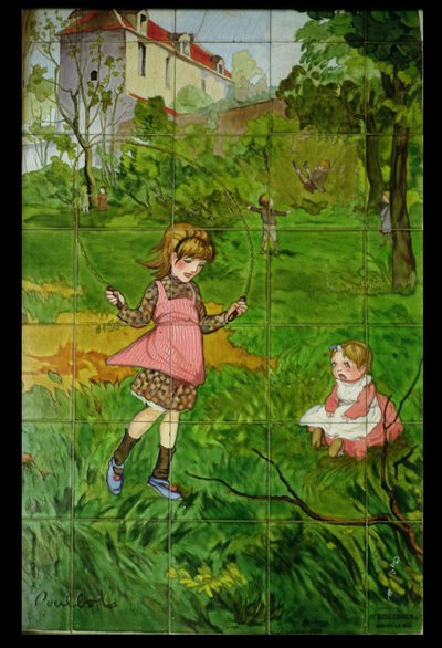 Azulejos decorados com crianças a brincar num jardim (cerâmica vidrada) de Francisque Poulbot