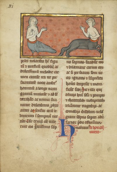 Uma sereia e um centauro de um bestiário Sra. Ludwig XV 4, fol. 81v, c.1280-1300 (têmpera, caneta e tinta, folha de ouro e tinta em pergaminho) de Franco Flemish School