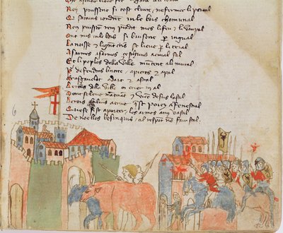 Ms Est 27 W 8.17 f.6r Camponeses que entram em uma cidade com seu gado e a chegada do exército de Átilas, da Guerra de Átila por Nicola da Casola de Franco Italian School