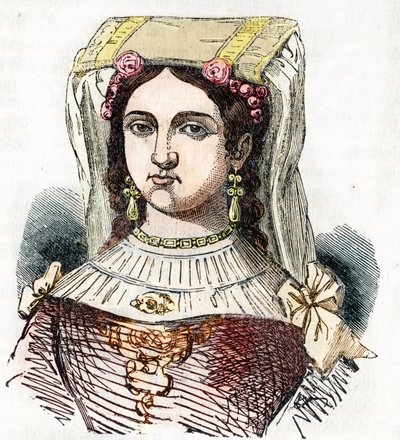 Retrato da nobre romana Marozie Iere (Mariuccia, Mariozza ou Marousie of Tusculum) (ca. 890-932/937), filha de Theophylacte e de Theodora I the Ancient (Marozia nobre romana que foi a alegada amante do Papa Sérgio III) desenhada a partir de "I mister de Franco Mistrali