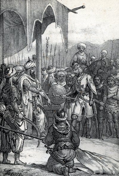 Sétima Cruzada: O rei Luís IX foi feito prisioneiro na Batalha de Fariskur a 6 de Abril de 1250 (Sétima Cruzada): Rei Luís IX prisioneiro na Batalha de Fariskur, 6 de Abril de 1250) Desenho de "Misteri del Vaticano" de Franco Mistrali de Franco Mistrali