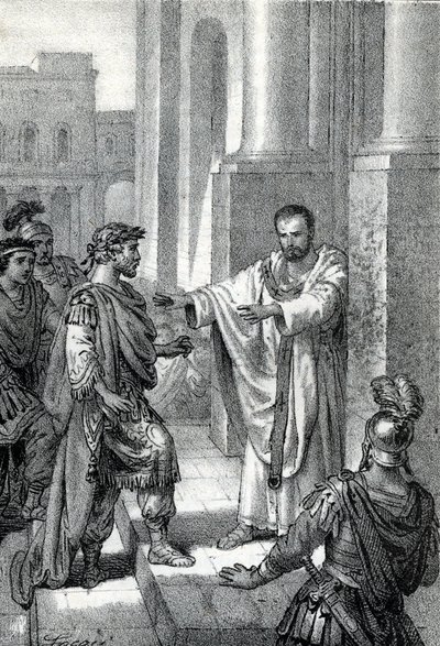 O arcebispo Santo Ambrósio de Milão (Aurelius Ambrosius, Ambrogio di Milano (340-397) proibiu a entrada da igreja ao imperador romano Theodosius I (Flavius Theodosius) (347-395) para o castigar pelo massacre de Tessalónica em 390 - Excommunicati de Franco Mistrali