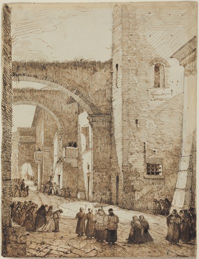 Um sacerdote em procissão por uma rua medieval em Viterbo de Francois-Marius Granet