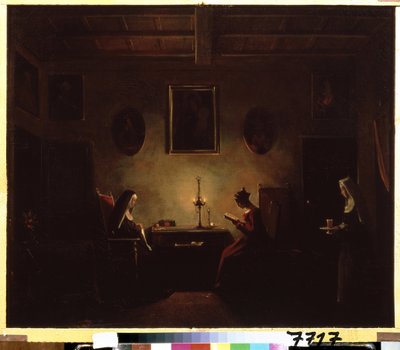 "Cena num mosteiro, uma jovem que lê à luz das velas, duas freiras estão na sala. Pintura de François Marius Granet (1775-1849) Museu Pushkin do século XIX, Moscovo de Francois Marius Granet