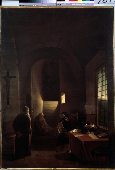 "O astrônomo italiano Galileu Galilei (Galileia) (1564-1642) em sua cela em Florença durante a Inquisição" Pintura de François Marius Granet (1775-1849) Museu Hermitage do século XIX, São Petersburgo de Francois Marius Granet