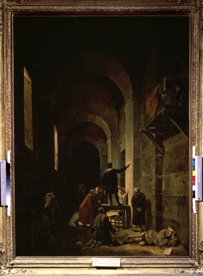 ""O pintor Jacques Stella (1596-1657) na prisão"" (O pintor Jacques Stella na prisão). Ilustração de ""Entrevistas sobre as Vidas e Obras dos Mais Excelentes Pintores Antigos e Modernos"" de Andre Felibien. Pintura de François Granet (1775 de Francois Marius Granet