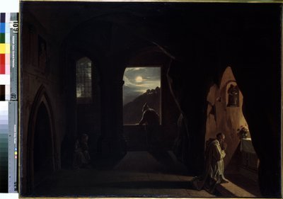 "Monks in a Cave" (Moines dans une grotte) Pintura de François Marius Granet (1775-1849) Início do século XIX Dim. 74,5x100 cm Museu Hermitage, São Petersburgo de Francois Marius Granet