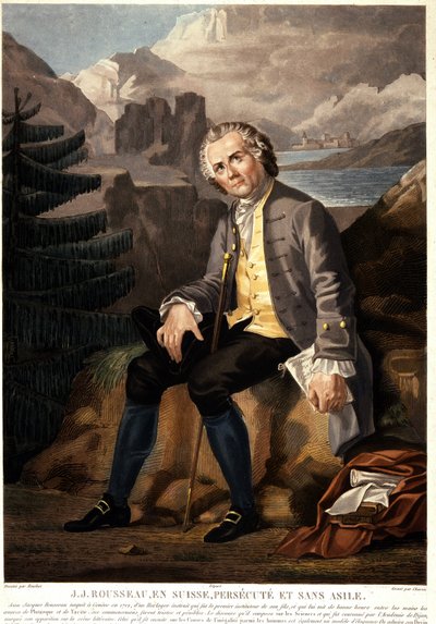 Jean Jacques Rousseau na Suíça, perseguido e sem asilo. Aquatint por Charon d