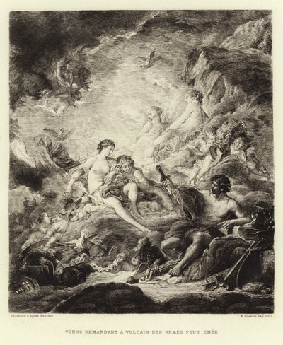 Vénus pedindo armas a Vulcano para Enee (gravação) de Francois (after) Boucher