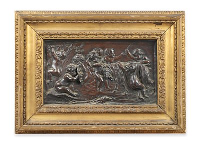 Alívio retangular de bronze de bebês bacanais brincando com uma cabra de Francois (after) Duquesnoy