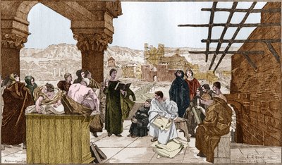 Pierre Abelard ou Abailard (1079-1142), filósofo e teólogo francês e sua escola na montanha Sainte Genevieve. A partir do afresco de François Flameng. de Francois (after) Flameng