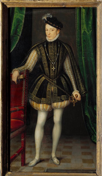 Retrato no pé de Charles IX (1550 - 1574). Pintura do atelier de François Clouet (1515-1572) de Francois (workshop of) Clouet